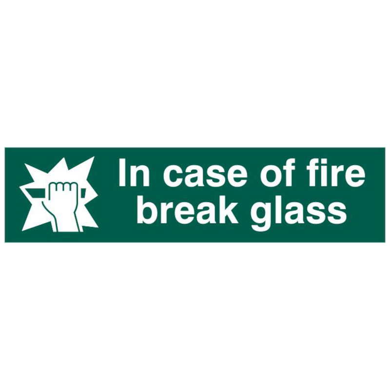 ASEC `In Case Of Fire Break Glass` 200mm x 50mm PVC Self Adhesive Sign.