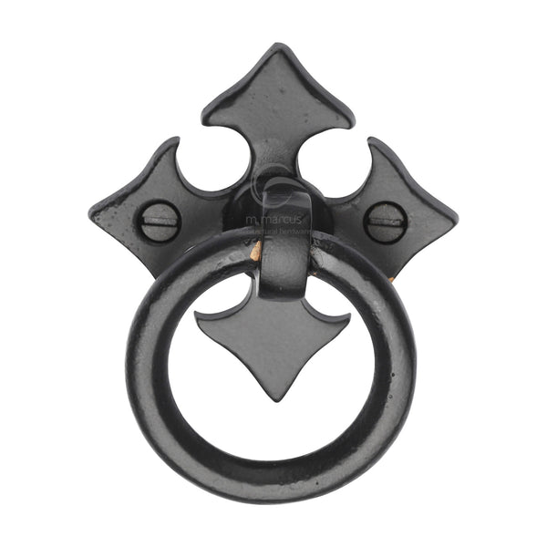 Matt Black Iron Fleur-De-Lys Cabinet Ring Drop Pull