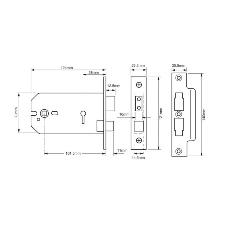 Union 2077 3 Lever Horizontal Sashlock - 124mm (5") Case - Brass