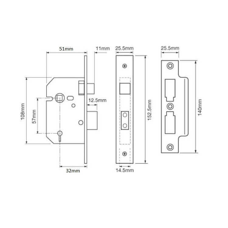 Union 2277 3 Lever Sashlock - 51mm (2") Case - 32mm Backset - Brass