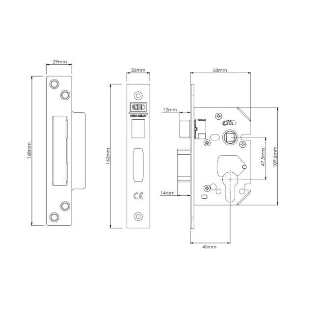 Union StrongBOLT 22EUS Euro Sashlock - 68mm (2.5") Case - 45mm Backset - Brass