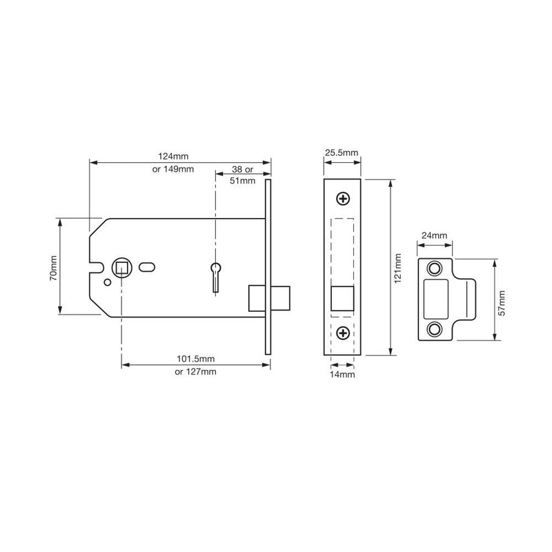 Union 26773 Horizontal Mortice Latch - 149mm (6") Case - 127mm Backset - Brass