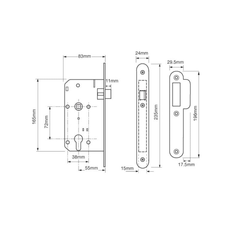 Union 2C24 DIN Style Euro Nightlatch with Radius Forend - 83mm Case - 55mm Backset - SSS