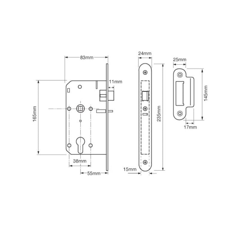 Union 2C25 DIN Style Euro Deadlocking Nightlatch with Radius Forend - 83mm Case - 55mm Backset - SSS