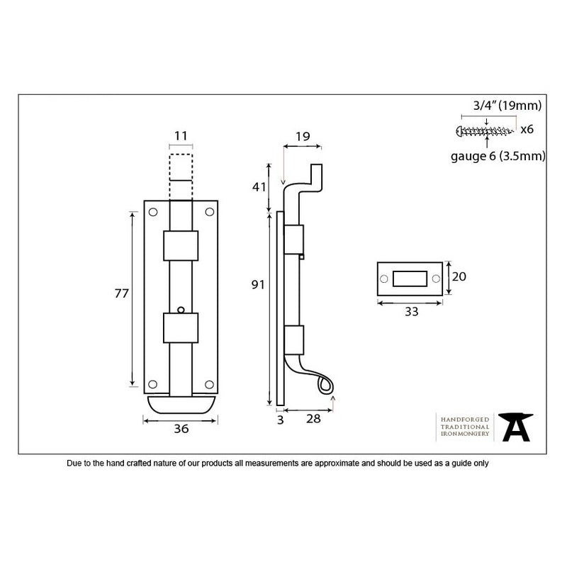 From The Anvil Cranked Fishtail Door Bolt - 4" - Pewter