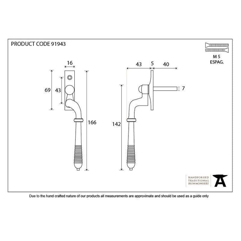 From The Anvil Reeded Espagnolette Fastener RH - Polished Bronze