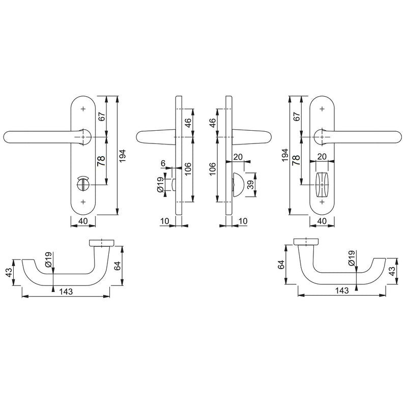 Hoppe Paris 19mmØ Return to Door Lever Handles on Bathroom Plate (78mm Centres) - SAA