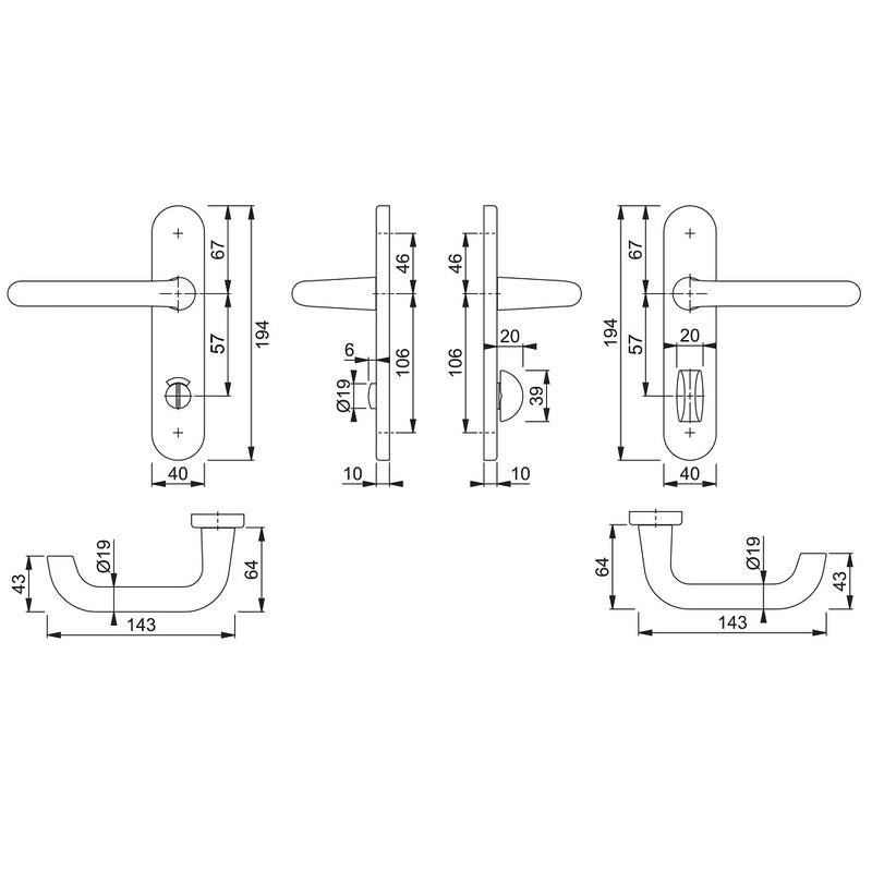 Hoppe Paris 19mmØ Return to Door Lever Handles on Bathroom Plate (57mm Centres) - SAA