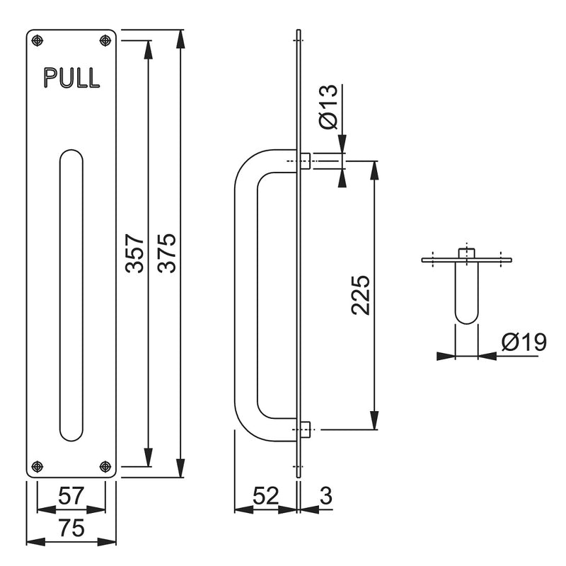 Arrone 19mmØ "D" Pull Handle on Plate Engraved "PULL" 225mm - SAA