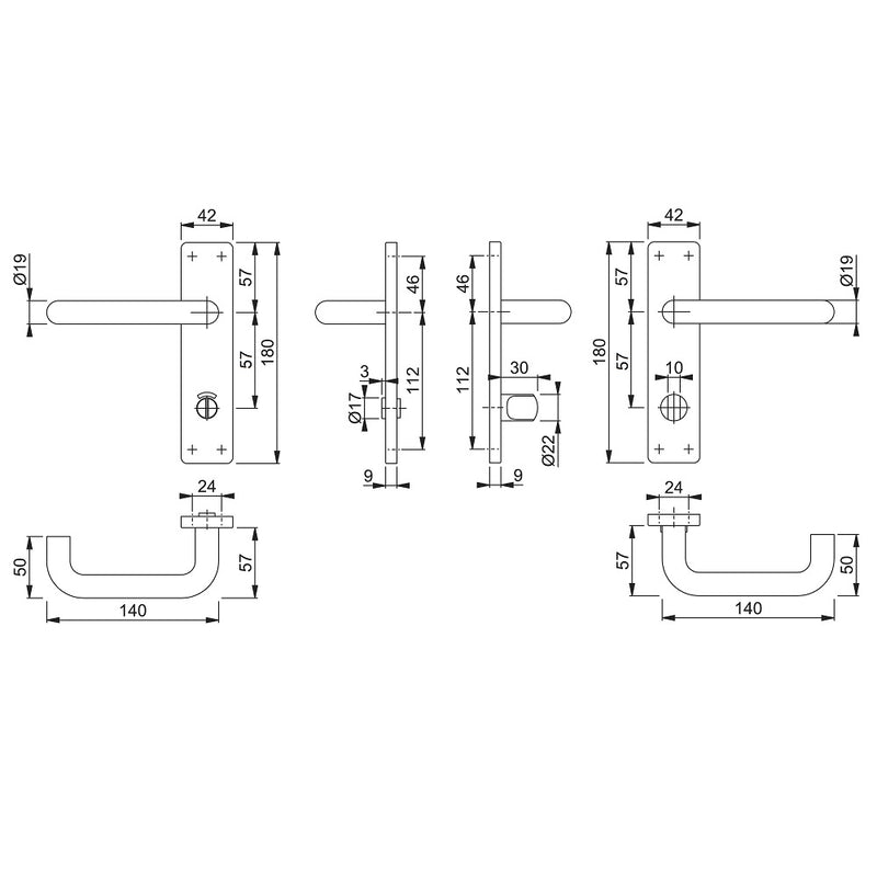 Arrone 19mmØ Return to Door Lever Handles on Bathroom Plate (57mm Centres) - Grade 316 SSS