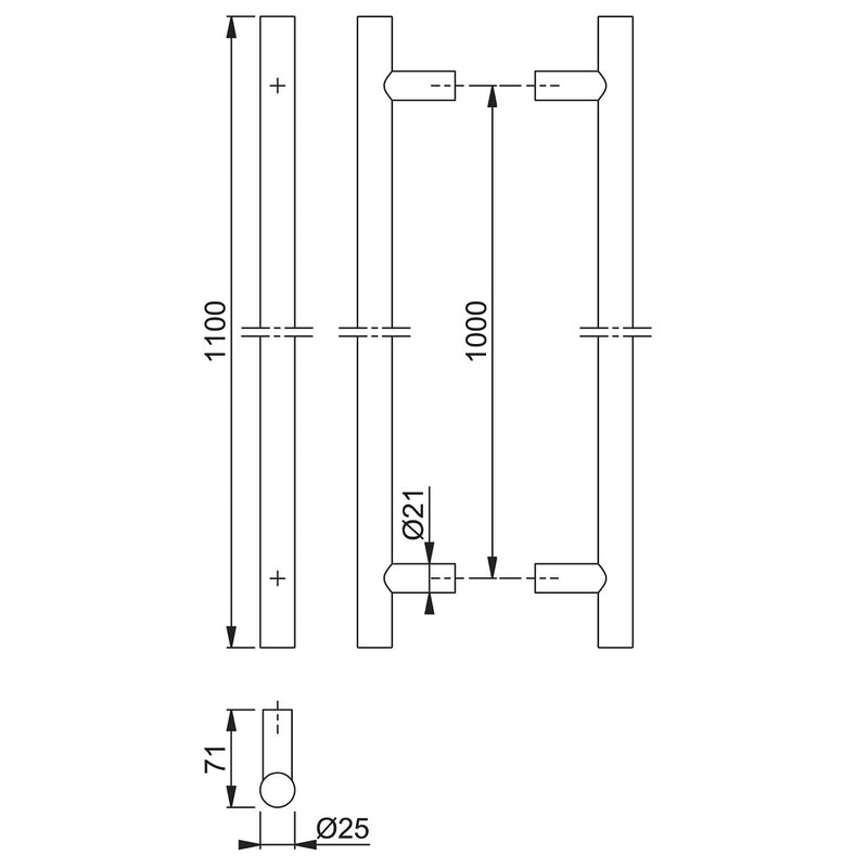 Arrone 25mmØ Back To Back Fixing Entrance Pull Handle 1000mm - Satin Stainless Steel