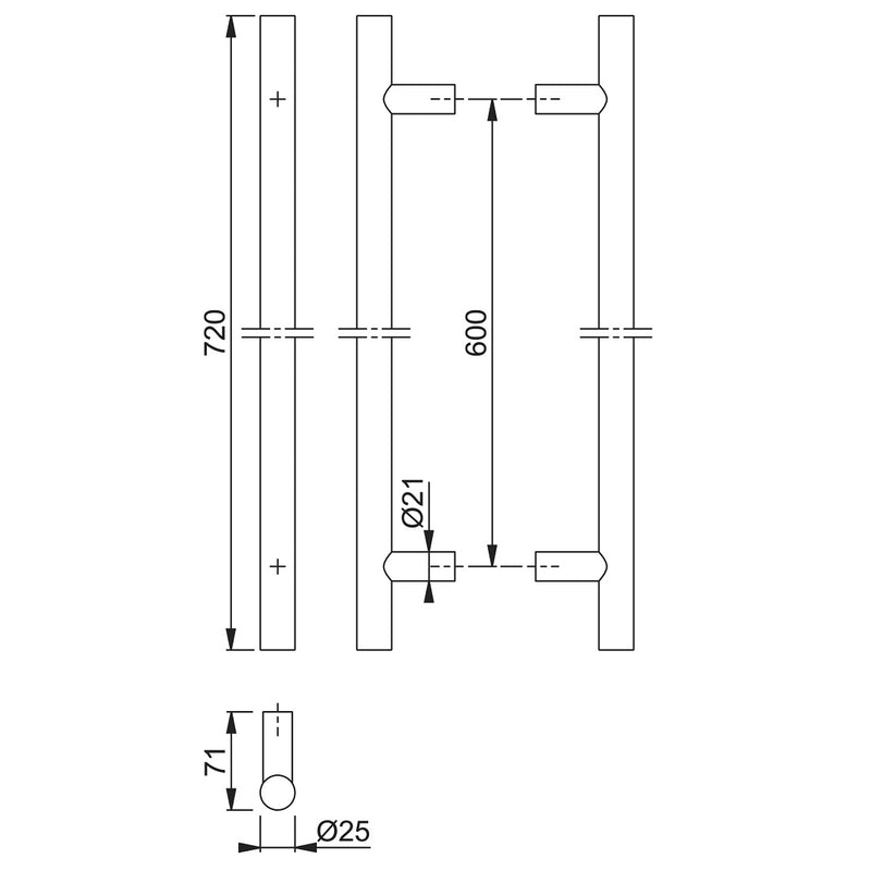 Arrone 25mmØ Back To Back Fixing Entrance Pull Handle 600mm - Satin Stainless Steel