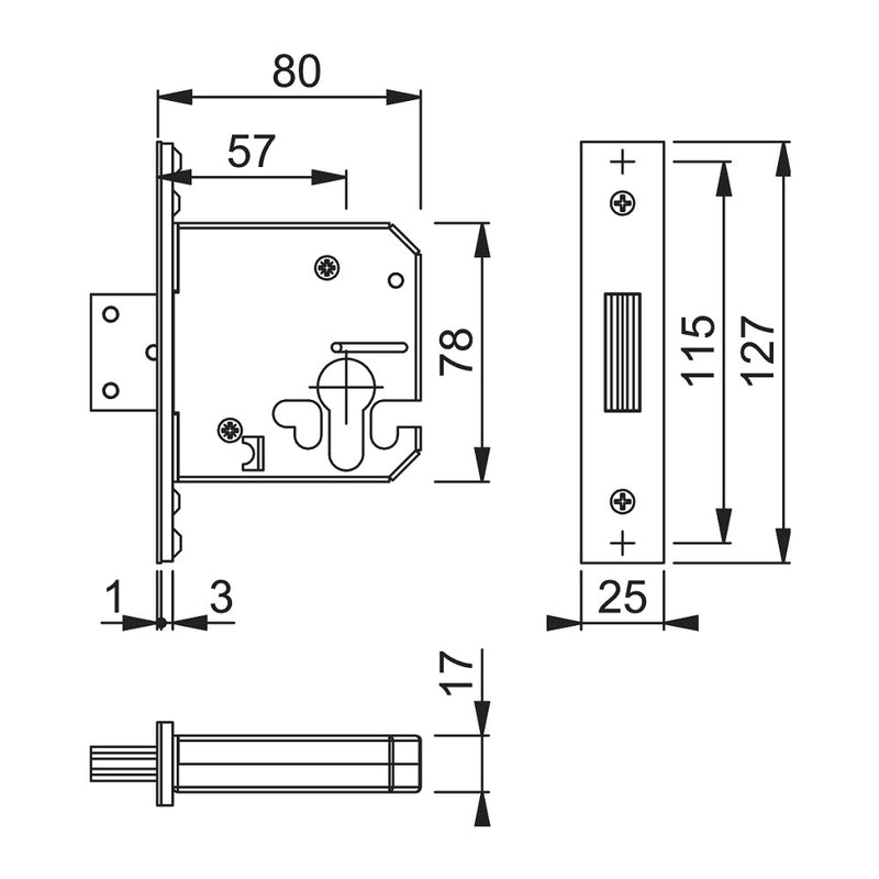 Arrone AR8006 Euro Deadlock - 80mm (3") Case - 57mm Backset - Stainless Steel