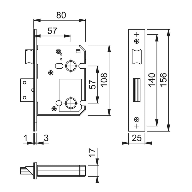 Arrone AR8023 Bathroom Lock - 80mm (3") Case - 57mm Backset - Stainless Steel