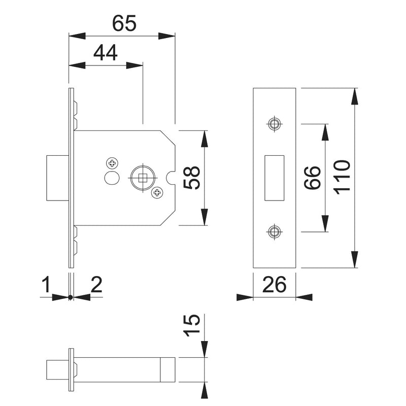 Arrone AR8031 Bathroom Deadbolt - 63mm (2.5") Case - 44mm Backset - Stainless Steel