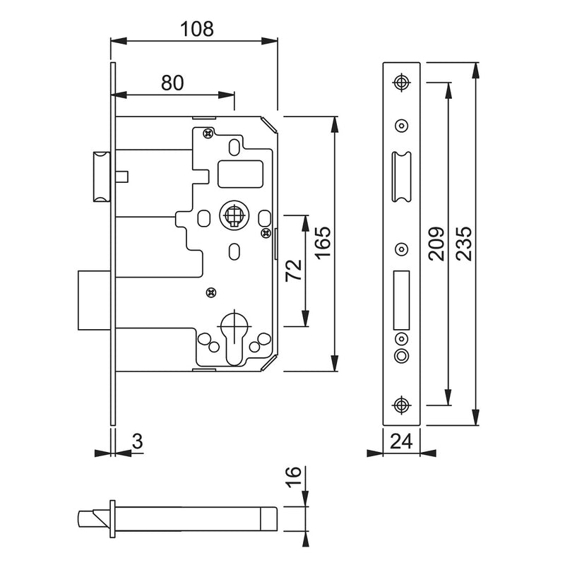 Arrone AR910 DIN Style Mortice Sashlock with Square Forend - 108mm Case - 80mm Backset - SSS