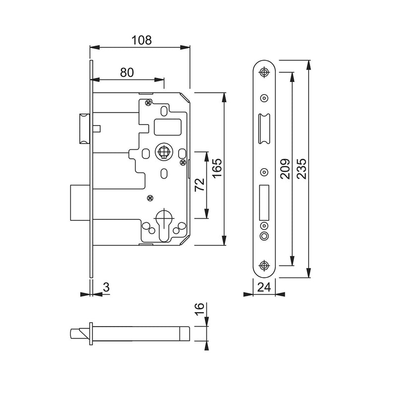 Arrone AR910 DIN Style Mortice Sashlock with Radius Forend - 108mm Case - 80mm Backset - SSS