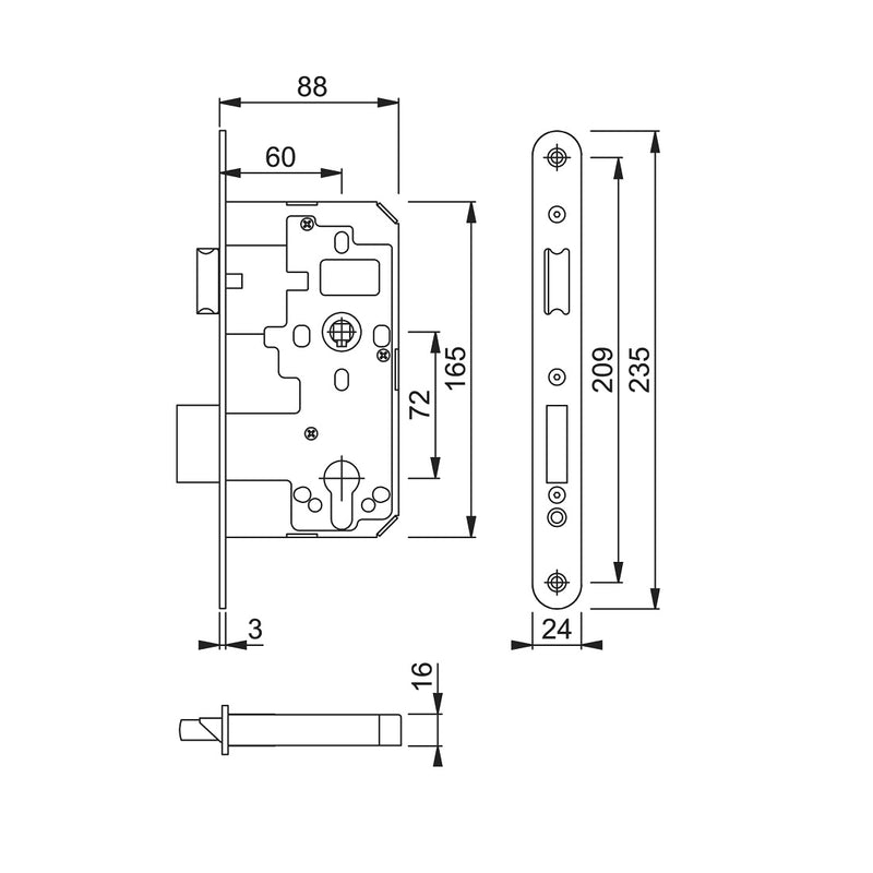 Arrone AR911 DIN Style Mortice Latch with Radius Forend - 88mm Case - 60mm Backset - SSS