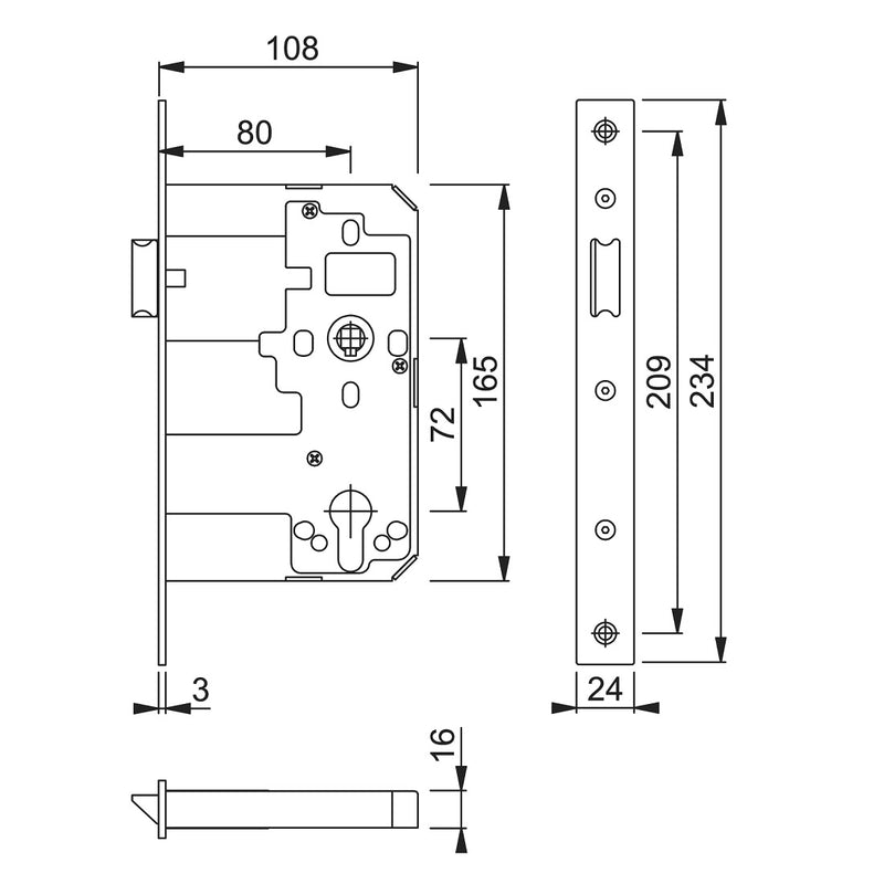 Arrone AR911 DIN Style Mortice Latch with Square Forend - 108mm Case - 80mm Backset - SSS