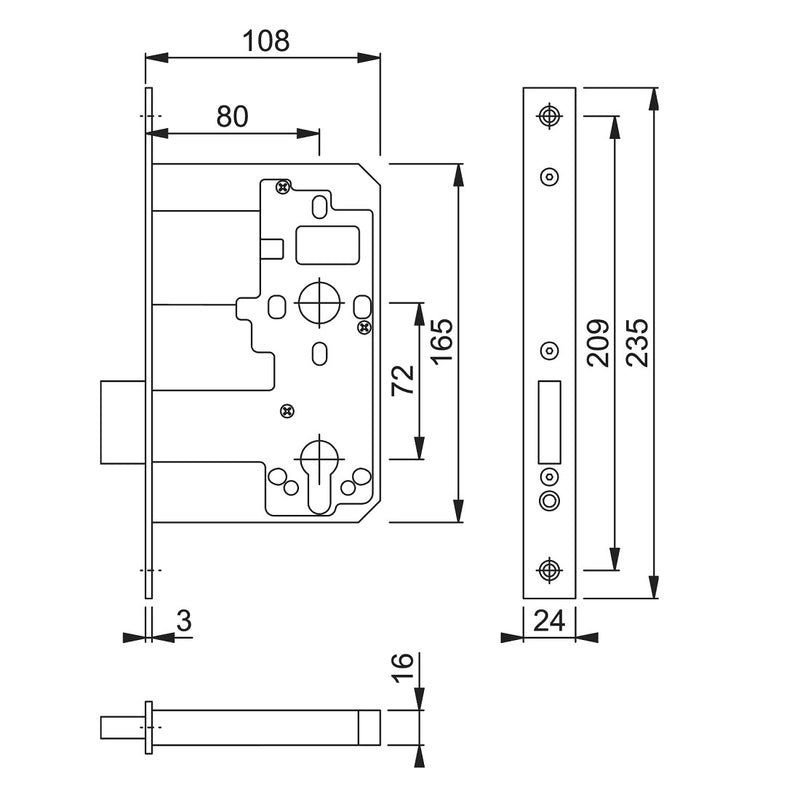 Arrone AR912 DIN Style Euro Deadlock with Square Forend - 108mm Case - 80mm Backset - PB