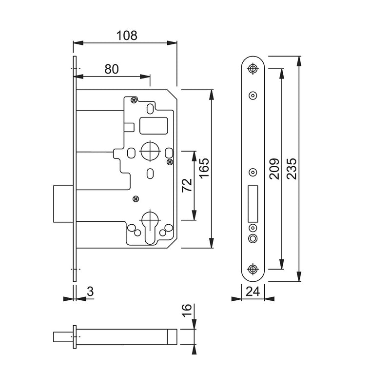 Arrone AR912 DIN Style Euro Deadlock with Radius Forend - 108mm Case - 80mm Backset - PB