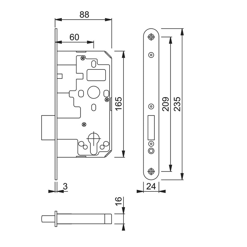 Arrone AR912 DIN Style Euro Deadlock with Radius Forend - 88mm Case - 60mm Backset - SSS