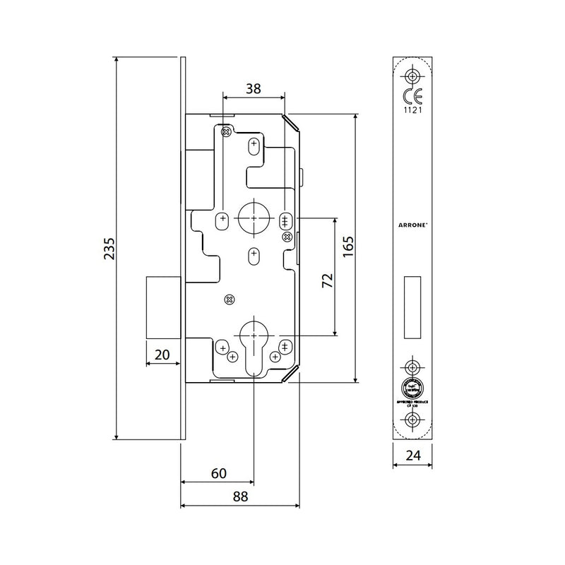 Arrone AR912 DIN Style Euro Deadlock with Square Forend - 88mm Case - 60mm Backset - PSS