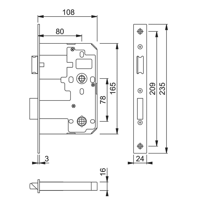 Arrone AR913 DIN Style Bathroom Lock with Square Forend - 108mm Case - 80mm Backset - SSS