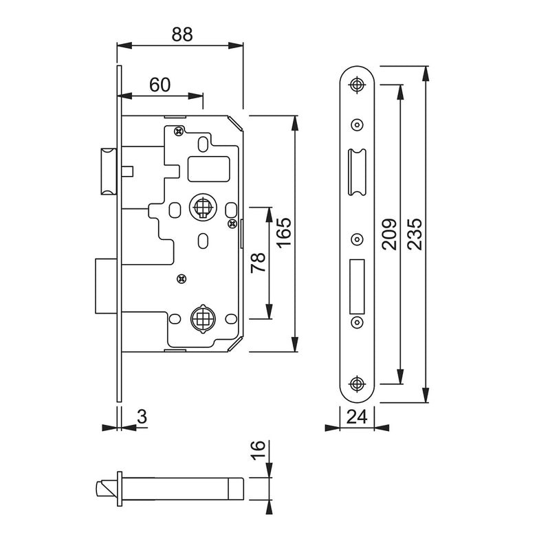 Arrone AR913 DIN Style Bathroom Lock with Radius Forend - 88mm Case - 60mm Backset - PSS