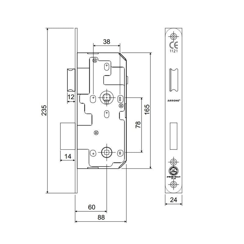 Arrone AR913 DIN Style Bathroom Lock with Square Forend - 88mm Case - 60mm Backset - PSS