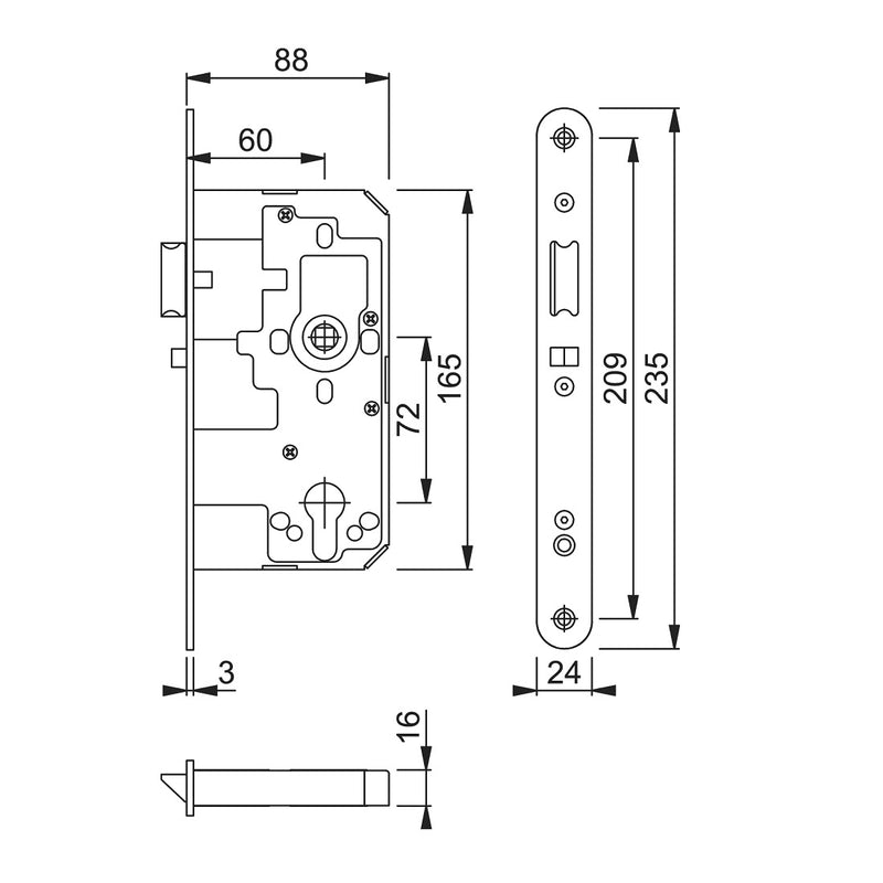 Arrone AR914 DIN Style Euro Nightlatch with Radius Forend - 88mm Case - 60mm Backset - PB