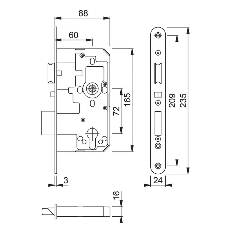 Arrone AR915 DIN Style Euro Escape Lock with Radius Forend - 88mm Case - 60mm Backset - PSS