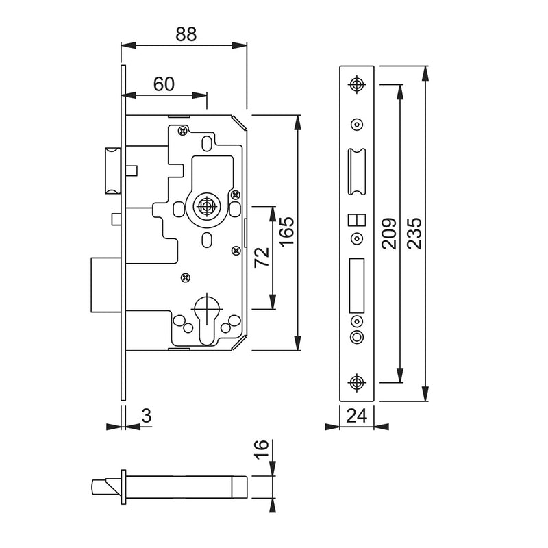 Arrone AR915 DIN Style Euro Escape Lock with Square Forend - 88mm Case - 60mm Backset - SSS