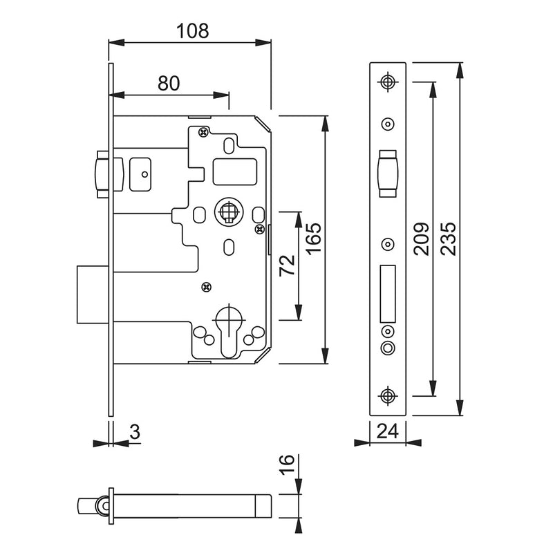 Arrone AR916 DIN Style Euro Deadlock with Rollerbolt and Square Forend - 108mm Case - 80mm Backset - SSS