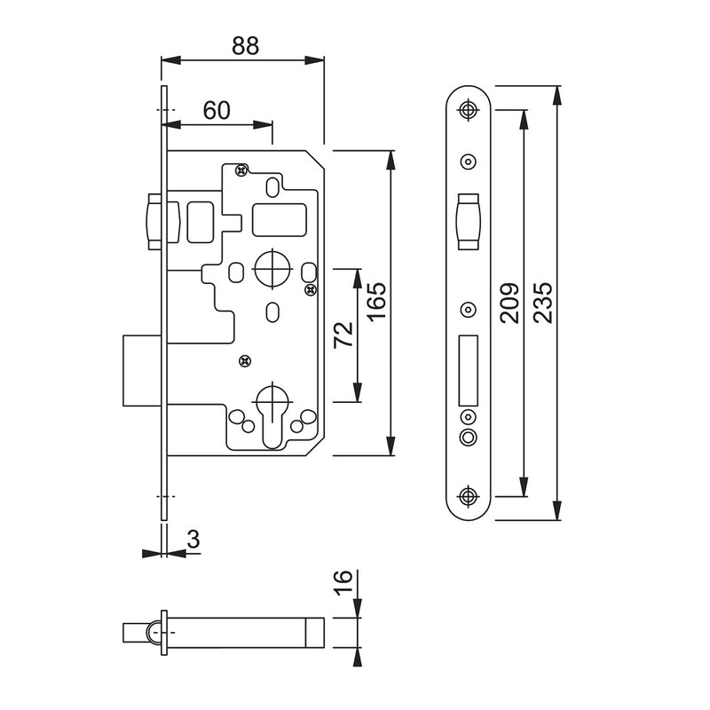 Arrone AR916 DIN Style Euro Deadlock with Rollerbolt and Radius Forend - 88mm Case - 60mm Backset - SSS