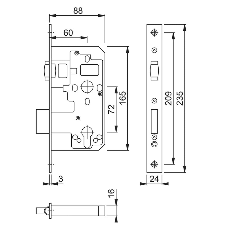 Arrone AR916 DIN Style Euro Deadlock with Rollerbolt and Square Forend - 88mm Case - 60mm Backset - SSS